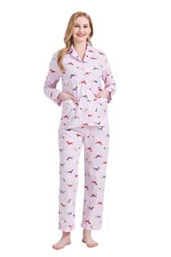 GLOBAL Damen Pyjamaset Baumwolle Schlafanzug Damen Lang Damen Zweiteiliger Nachtwäsche Komfortabel Rosa Gestreifter Hund XXL von GLOBAL