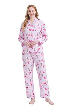 GLOBAL Damen Pyjamaset Baumwolle Schlafanzug Damen Lang Damen Zweiteiliger Nachtwäsche Komfortabel Rosa süßer Hund M von GLOBAL