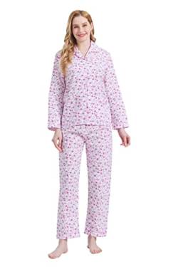 GLOBAL Damen Pyjamaset Baumwolle Schlafanzug Damen Lang Damen Zweiteiliger Nachtwäsche Komfortabel Weiße Blume L von GLOBAL