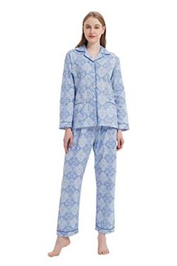 GLOBAL Damen Schlafanzug Baumwolle Damen Pyjama Set Lang Damen Zweiteiliger Nachtwäsche Komfortabel Loungewear Durchgeknöpft Oberteil & Hose Kordelzug Blaues und Weißes Porzellan L von GLOBAL