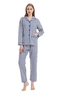 GLOBAL Damen Schlafanzug Baumwolle Damen Pyjama Set Lang Damen Zweiteiliger Nachtwäsche Komfortabel Loungewear Durchgeknöpft Oberteil & Hose Kordelzug Dunkelblaue Streifen L von GLOBAL