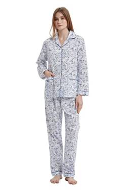 GLOBAL Damen Schlafanzug Baumwolle Damen Pyjama Set Lang Damen Zweiteiliger Nachtwäsche Komfortabel Loungewear Durchgeknöpft Oberteil & Hose Kordelzug Elegante Blaue Blume XL von GLOBAL