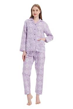 GLOBAL Damen Schlafanzug Baumwolle Damen Pyjama Set Lang Damen Zweiteiliger Nachtwäsche Komfortabel Loungewear Durchgeknöpft Oberteil & Hose Kordelzug Elegantes Lila Muster L von GLOBAL