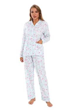 GLOBAL Damen Schlafanzug Baumwolle Damen Pyjama Set Lang Damen Zweiteiliger Nachtwäsche Komfortabel Loungewear Durchgeknöpft Oberteil & Hose Kordelzug Frischer Grüner Färberdistel XXL von GLOBAL