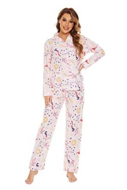 GLOBAL Damen Schlafanzug Baumwolle Damen Pyjama Set Lang Damen Zweiteiliger Nachtwäsche Komfortabel Loungewear Durchgeknöpft Oberteil & Hose Kordelzug Glücklicher Vogel XXL von GLOBAL