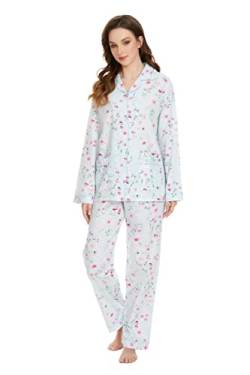 GLOBAL Damen Schlafanzug Baumwolle Damen Pyjama Set Lang Damen Zweiteiliger Nachtwäsche Komfortabel Loungewear Durchgeknöpft Oberteil & Hose Kordelzug Rosa Blume des Grünen M von GLOBAL