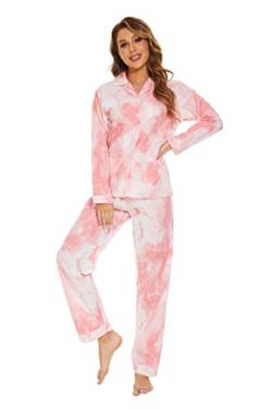 GLOBAL Damen Schlafanzug Baumwolle Damen Pyjama Set Lang Damen Zweiteiliger Nachtwäsche Komfortabel Loungewear Durchgeknöpft Oberteil & Hose Kordelzug Rosa Krawattenfarbe XL von GLOBAL