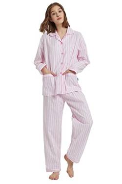 GLOBAL Damen Schlafanzug Baumwolle Damen Pyjama Set Lang Damen Zweiteiliger Nachtwäsche Komfortabel Loungewear Durchgeknöpft Oberteil & Hose Kordelzug Rosa Streifen S von GLOBAL