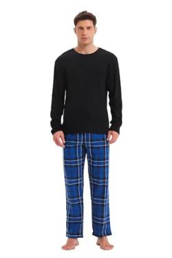 GLOBAL Herren Schlafanzüge Flanell Herren Pyjama Set Baumwolle Langarm-Pullover Oberteil und elastische Unterteile mit Kordelzug Weich Bequem Schwarzes Top Blau/Weiß/Schwarz, Kariert Hose XL von GLOBAL