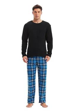 GLOBAL Herren Schlafanzüge Flanell Herren Pyjama Set Baumwolle Langarm-Pullover Oberteil und elastische Unterteile mit Kordelzug Weich Bequem Schwarzes Top Grau/Blau/Weiß, Kariert Hose M von GLOBAL