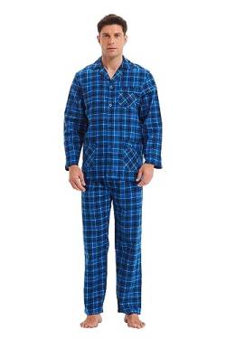 GLOBAL Herren Schlafanzug Flanell | Herren Pyjama Set Lang Baumwolle | Herren Zweiteilige Nachtwäsche Loungewear Schlafanzughose Lang Gummizug und Kordelzug Blau/Weiß/Schwarz, Kariert M von GLOBAL