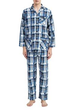 GLOBAL Herren Schlafanzug Flanell | Herren Pyjama Set Lang Baumwolle | Herren Zweiteilige Nachtwäsche Loungewear Schlafanzughose Lang Gummizug und Kordelzug| Blau-Weiß Kariert L von GLOBAL