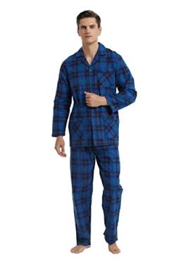 GLOBAL Herren Schlafanzug Flanell | Herren Pyjama Set Lang Baumwolle | Herren Zweiteilige Nachtwäsche Loungewear Schlafanzughose Lang Gummizug und Kordelzug| Blau und Schwarz Kariert S von GLOBAL