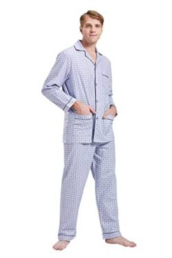 GLOBAL Herren Schlafanzug Flanell | Herren Pyjama Set Lang Baumwolle | Herren Zweiteilige Nachtwäsche Loungewear Schlafanzughose Lang Gummizug und Kordelzug| Graublaues Muster S von GLOBAL