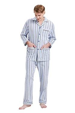 GLOBAL Herren Schlafanzug Flanell Herren Pyjama Set Lang Baumwolle Herren Zweiteilige Nachtwäsche Loungewear Schlafanzughose Lang Gummizug und Kordelzug Hellblaue, Diamantschwarze Streifen M von GLOBAL