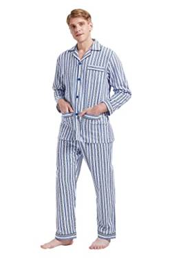GLOBAL Herren Schlafanzug Flanell | Herren Pyjama Set Lang Baumwolle | Herren Zweiteilige Nachtwäsche Loungewear Schlafanzughose Lang Gummizug und Kordelzug| Neuer Blauer Streifen L von GLOBAL