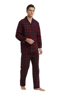 GLOBAL Herren Schlafanzug Flanell | Herren Pyjama Set Lang Baumwolle | Herren Zweiteilige Nachtwäsche Loungewear Schlafanzughose Lang Gummizug und Kordelzug| Rot und Schwarz Kariert L von GLOBAL