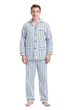 GLOBAL Herren Schlafanzug Flanell Lang Baumwolle Herren Zweiteilige Nachtwäsche Loungewear Schlafanzughose Lang Gummizug und Kordelzug Blaue und Schwarze Streifen auf Weiß M von GLOBAL