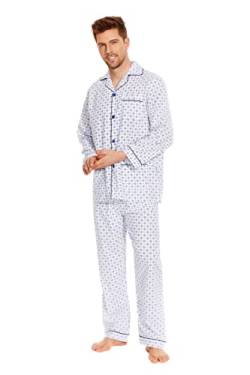 GLOBAL Herren Schlafanzug Lang Baumwolle Pyjama Set Zweiteiliger Nachtwäsche Langarm Shirt V Ausschnitt Taschen Knopfleiste Loungehose Band Nightwear Blaue Raute auf Weiß L von GLOBAL