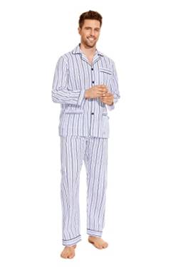 GLOBAL Herren Schlafanzug Lang Baumwolle Pyjama Set Zweiteiliger Nachtwäsche Langarm Shirt V Ausschnitt Taschen Knopfleiste Loungehose Band Nightwear Blaue Streifen Karo XL von GLOBAL
