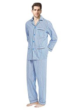 GLOBAL Herren Schlafanzug Lang Baumwolle Pyjama Set Zweiteiliger Nachtwäsche Langarm Shirt V Ausschnitt Taschen Knopfleiste Loungehose Band Nightwear Blauer Druck Schwarzen Streifen M von GLOBAL