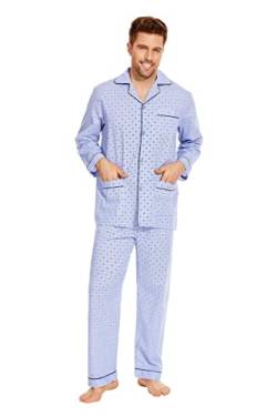 GLOBAL Herren Schlafanzug Lang Baumwolle Pyjama Set Zweiteiliger Nachtwäsche Langarm Shirt V Ausschnitt Taschen Knopfleiste Loungehose Band Nightwear Blaues Rautenmuster S von GLOBAL