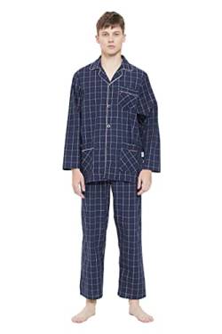 GLOBAL Herren Schlafanzug Lang Baumwolle Pyjama Set Zweiteiliger Nachtwäsche Langarm Shirt V Ausschnitt Taschen Knopfleiste Loungehose Band Nightwear Dunkelblau Kariert S von GLOBAL