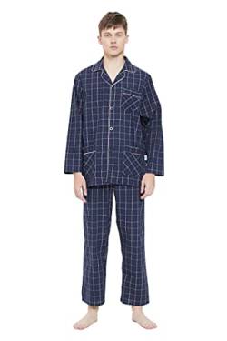 GLOBAL Herren Schlafanzug Lang Baumwolle Pyjama Set Zweiteiliger Nachtwäsche Langarm Shirt V Ausschnitt Taschen Knopfleiste Loungehose Band Nightwear Dunkelblau Kariert XL von GLOBAL
