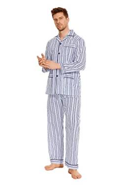 GLOBAL Herren Schlafanzug Lang Baumwolle Pyjama Set Zweiteiliger Nachtwäsche Langarm Shirt V Ausschnitt Taschen Knopfleiste Loungehose Band Nightwear Dunkelblaue Streifen S von GLOBAL
