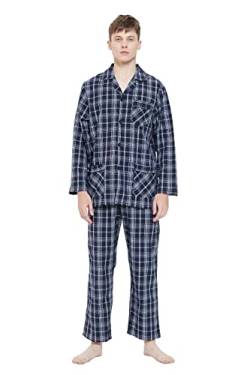 GLOBAL Herren Schlafanzug Lang Baumwolle Pyjama Set Zweiteiliger Nachtwäsche Langarm Shirt V Ausschnitt Taschen Knopfleiste Loungehose Band Nightwear Elegantes Indigo-Karo XXL von GLOBAL