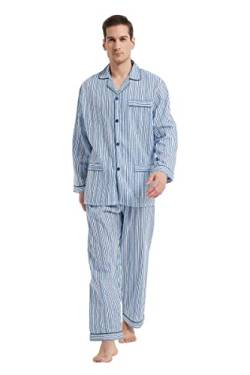 GLOBAL Herren Schlafanzug Lang Baumwolle Pyjama Set Zweiteiliger Nachtwäsche Langarm Shirt V Ausschnitt Taschen Knopfleiste Loungehose Band Nightwear Gelbe Blaue Streifen S von GLOBAL