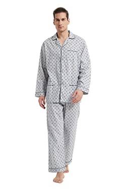 GLOBAL Herren Schlafanzug Lang Baumwolle Pyjama Set Zweiteiliger Nachtwäsche Langarm Shirt V Ausschnitt Taschen Knopfleiste Loungehose Band Nightwear Grauer Hintergrund Blaues Quadrat L von GLOBAL