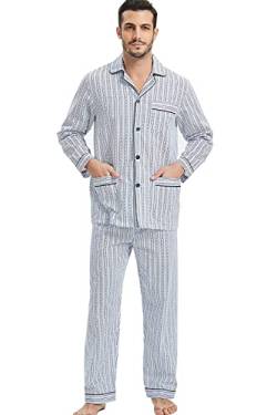 GLOBAL Herren Schlafanzug Lang Baumwolle Pyjama Set Zweiteiliger Nachtwäsche Langarm Shirt V Ausschnitt Taschen Knopfleiste Loungehose Band Nightwear Hellblaue Streifen L von GLOBAL