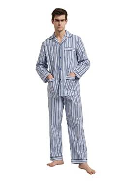 GLOBAL Herren Schlafanzug Lang Zweiteiliger' Pyjamaset Baumwolle Button Down Nachtwäsche Herren Pjs Set Oberteil & Hose Loungewear Nightwear Set Blau Grauer Streifen XL von GLOBAL