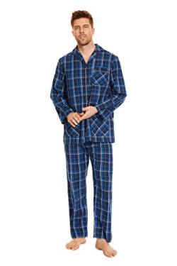 GLOBAL Herren Schlafanzug Lang Zweiteiliger' Pyjamaset Baumwolle Button Down Nachtwäsche Herren Pjs Set Oberteil & Hose Loungewear Nightwear Set Blau Schwarz Kariert XL von GLOBAL