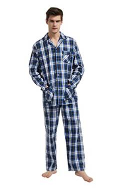 GLOBAL Herren Schlafanzug Lang Zweiteiliger' Pyjamaset Baumwolle Button Down Nachtwäsche Herren Pjs Set Oberteil & Hose Loungewear Nightwear Set Blau Weiß Kariert L von GLOBAL