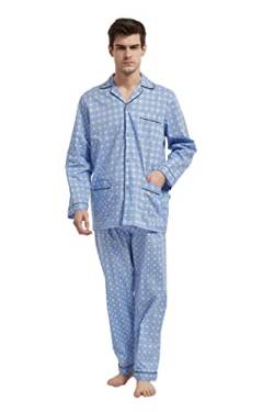 GLOBAL Herren Schlafanzug Lang Zweiteiliger' Pyjamaset Baumwolle Button Down Nachtwäsche Herren Pjs Set Oberteil & Hose Loungewear Nightwear Set Blaue Geometrische M von GLOBAL