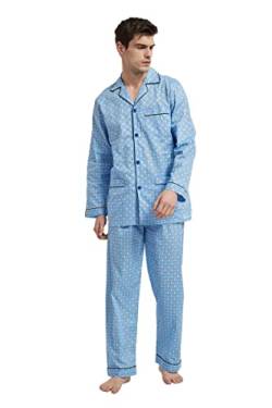 GLOBAL Herren Schlafanzug Lang Zweiteiliger' Pyjamaset Baumwolle Button Down Nachtwäsche Herren Pjs Set Oberteil & Hose Loungewear Nightwear Set Blaue Geometrische S von GLOBAL