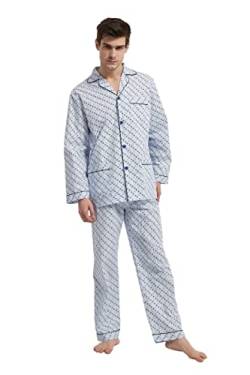 GLOBAL Herren Schlafanzug Lang Zweiteiliger' Pyjamaset Baumwolle Button Down Nachtwäsche Herren Pjs Set Oberteil & Hose Loungewear Nightwear Set Blaue Schwarze Streifen L von GLOBAL