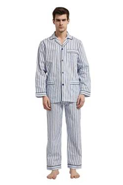 GLOBAL Herren Schlafanzug Lang Zweiteiliger' Pyjamaset Baumwolle Button Down Nachtwäsche Herren Pjs Set Oberteil & Hose Loungewear Nightwear Set Blaue Schwarze Streifen L von GLOBAL