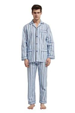 GLOBAL Herren Schlafanzug Lang Zweiteiliger' Pyjamaset Baumwolle Button Down Nachtwäsche Herren Pjs Set Oberteil & Hose Loungewear Nightwear Set Blaue Schwarze Streifen L von GLOBAL