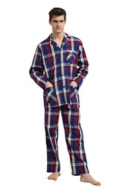 GLOBAL Herren Schlafanzug Lang Zweiteiliger' Pyjamaset Baumwolle Button Down Nachtwäsche Herren Pjs Set Oberteil & Hose Loungewear Nightwear Set Blaues Rotes Gitter L von GLOBAL