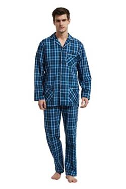 GLOBAL Herren Schlafanzug Lang Zweiteiliger' Pyjamaset Baumwolle Button Down Nachtwäsche Herren Pjs Set Oberteil & Hose Loungewear Nightwear Set Dunkelblaues Gitter XL von GLOBAL