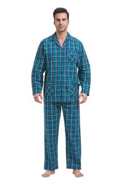 GLOBAL Herren Schlafanzug Lang Zweiteiliger' Pyjamaset Baumwolle Button Down Nachtwäsche Herren Pjs Set Oberteil & Hose Loungewear Nightwear Set Grün Schwarz Kariert,L von GLOBAL