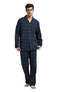 GLOBAL Herren Schlafanzug Lang Zweiteiliger' Pyjamaset Baumwolle Button Down Nachtwäsche Herren Pjs Set Oberteil & Hose Loungewear Nightwear Set Norwegisches Blaues Plaid L von GLOBAL