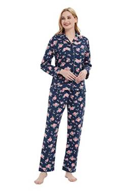 GLOBAL Schlafanzüge Damen Flanell | Baumwolle Damen Pyjama Set | Zweiteiliger Nachtwäsche Damen Pjs Set Lang | Knopfleiste vorne und Kordelzug | Blau，Rose L von GLOBAL