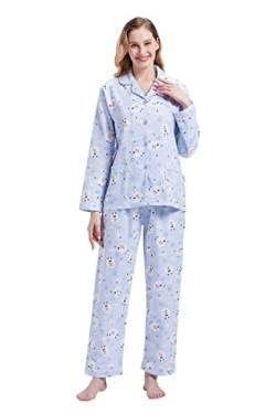 GLOBAL Schlafanzüge Damen Flanell | Baumwolle Damen Pyjama Set | Zweiteiliger Nachtwäsche Damen Pjs Set Lang | Knopfleiste vorne und Kordelzug | Blau,Schafe L von GLOBAL