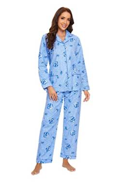 GLOBAL Schlafanzüge Damen Flanell | Baumwolle Damen Pyjama Set | Zweiteiliger Nachtwäsche Damen Pjs Set Lang | Knopfleiste vorne und Kordelzug |Blaue Elegante Blume L von GLOBAL