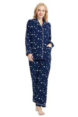 GLOBAL Schlafanzüge Damen Flanell | Baumwolle Damen Pyjama Set | Zweiteiliger Nachtwäsche Damen Pjs Set Lang | Knopfleiste vorne und Kordelzug |Blauer Stern S von GLOBAL