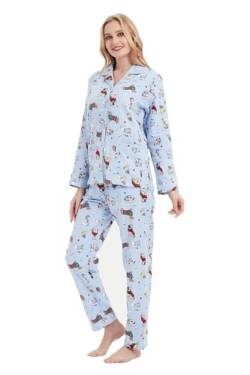 GLOBAL Schlafanzüge Damen Flanell | Baumwolle Damen Pyjama Set | Zweiteiliger Nachtwäsche Damen Pjs Set Lang | Knopfleiste vorne und Kordelzug |Blauer Süßer Hund XXL von GLOBAL